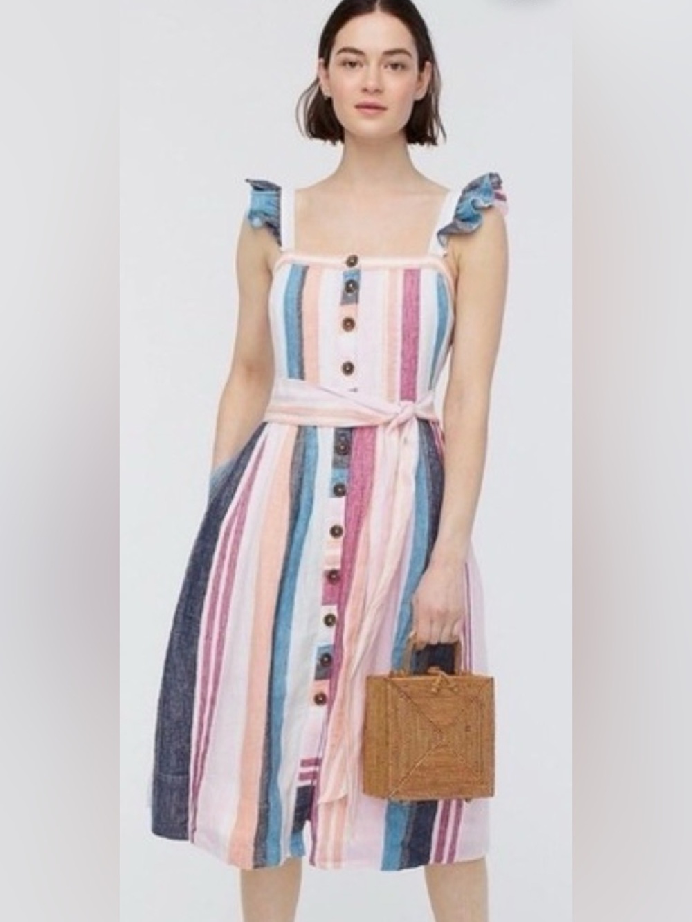 J.Crew 100% Linen Striped Midi Dress Sz 8 Beachy Vacation Resort Summer pockets
